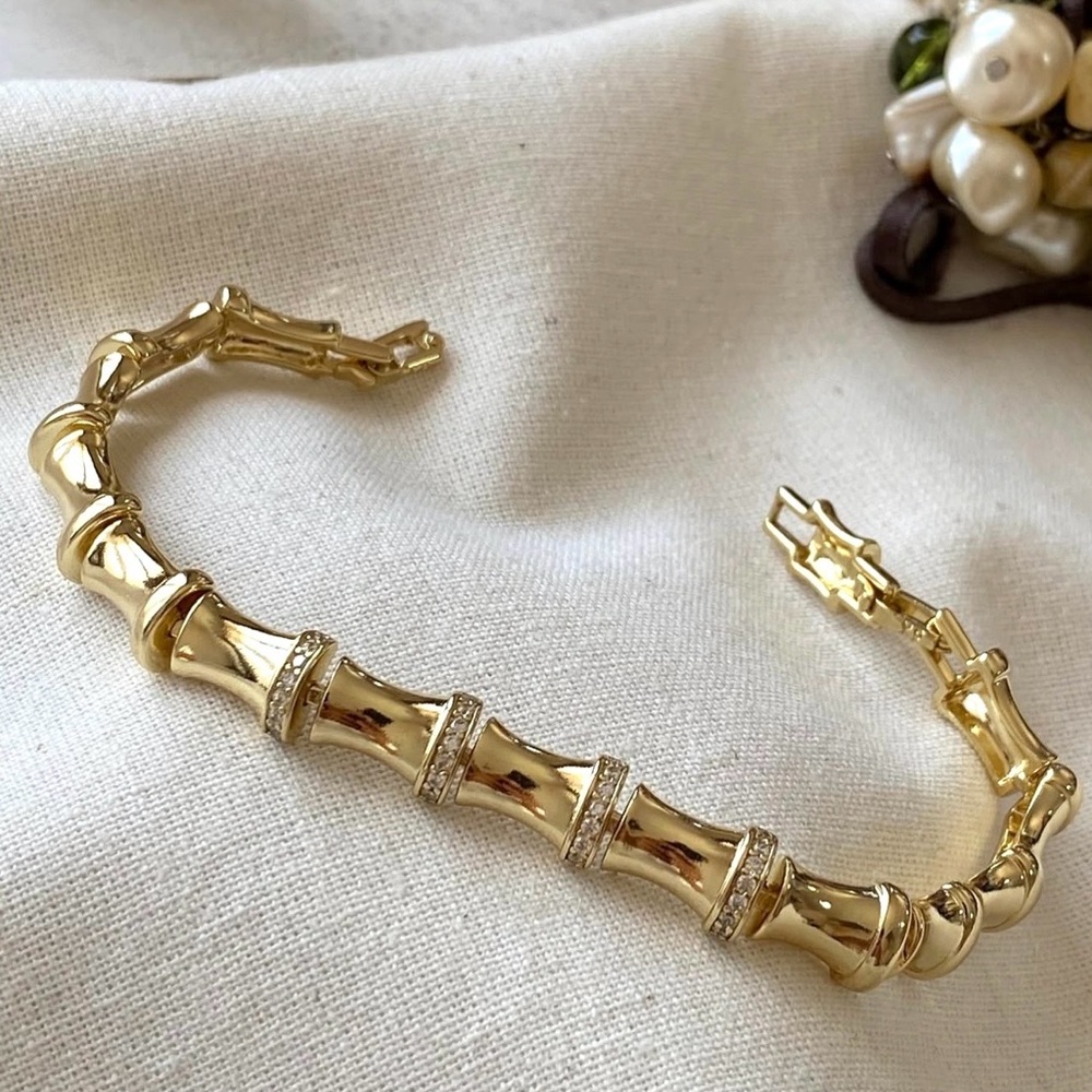 14K Gold Plated Bamboo Link Bracelet with Zircon Stones | Statement Jewelry - Picture 5 of 12